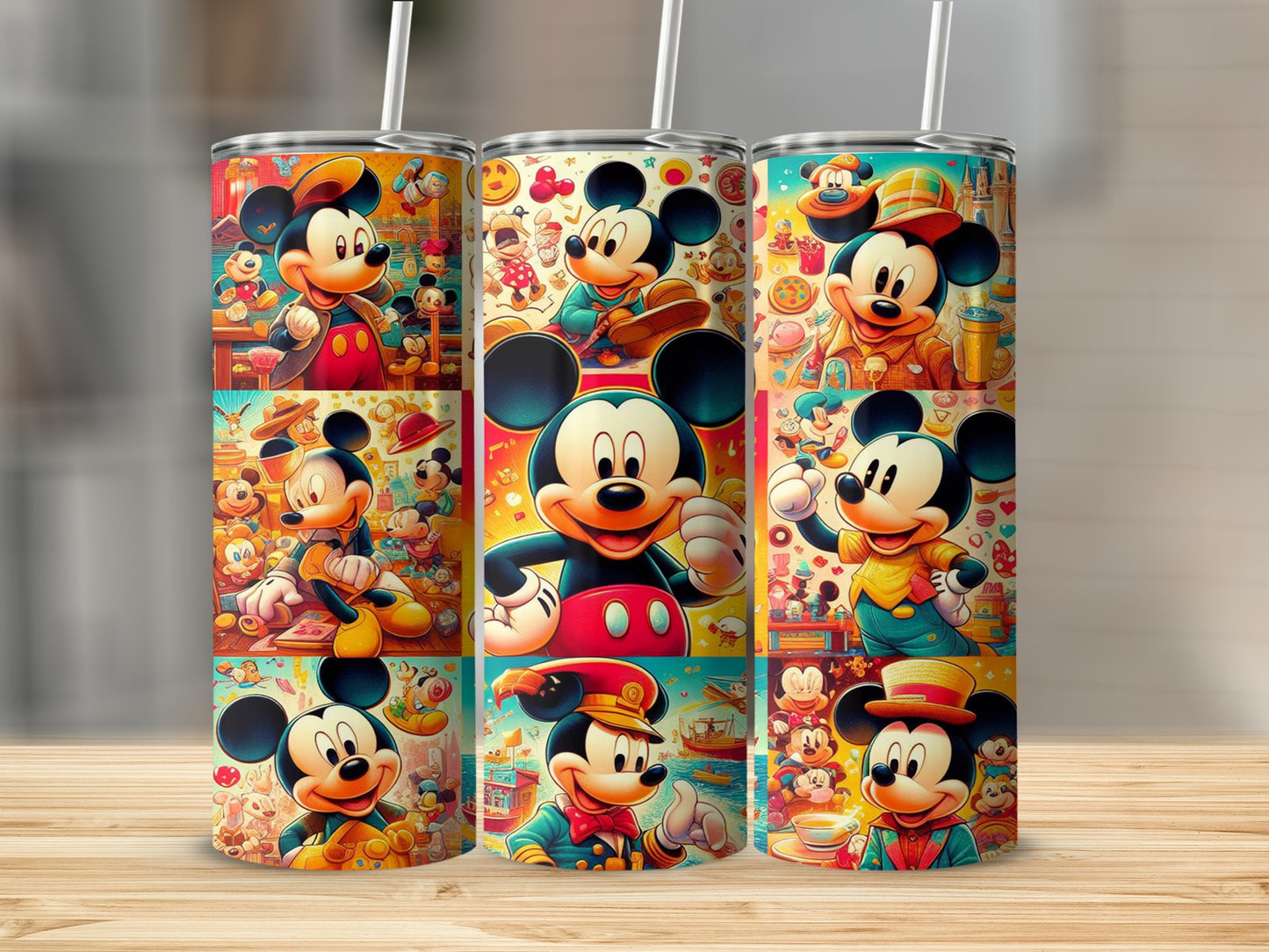 Mickey Mouse collage on three tumblers with straws.