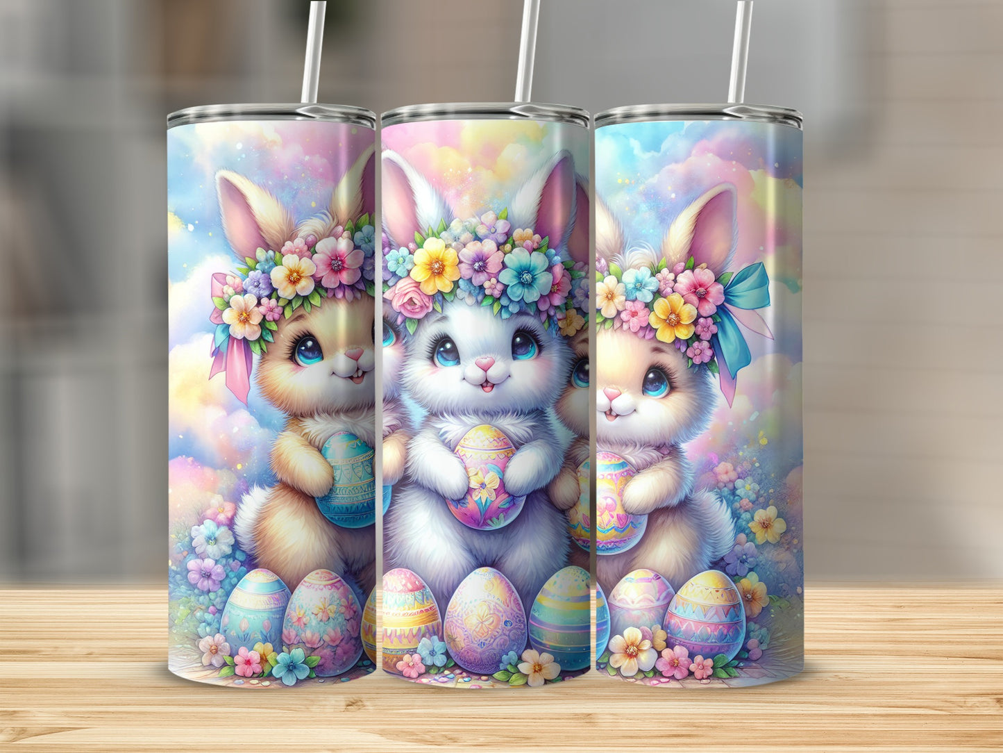 Three cartoon bunnies in floral wreaths holding eggs on a pastel background.