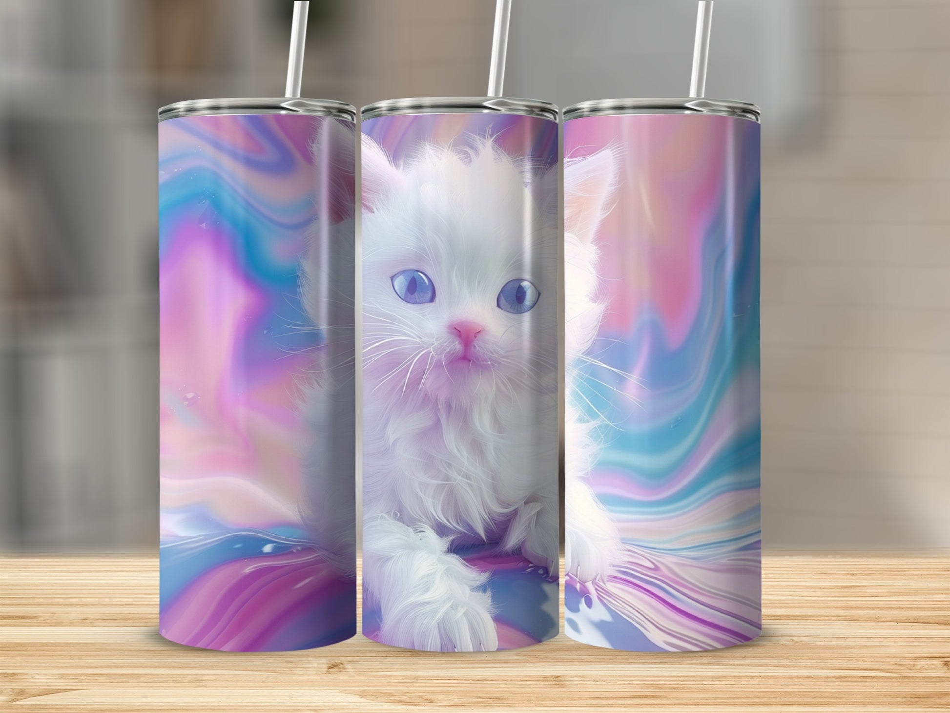 Three skinny tumblers with a white kitten and colorful abstract background.