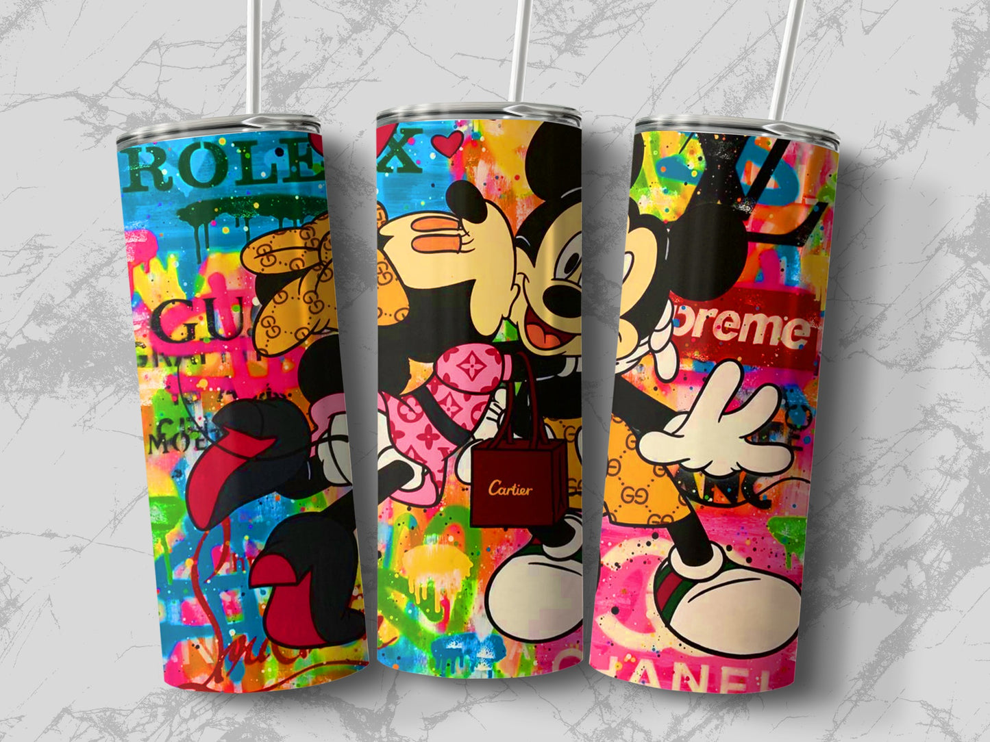 Vibrant Cartoon Character Tumbler with Fashion Logos