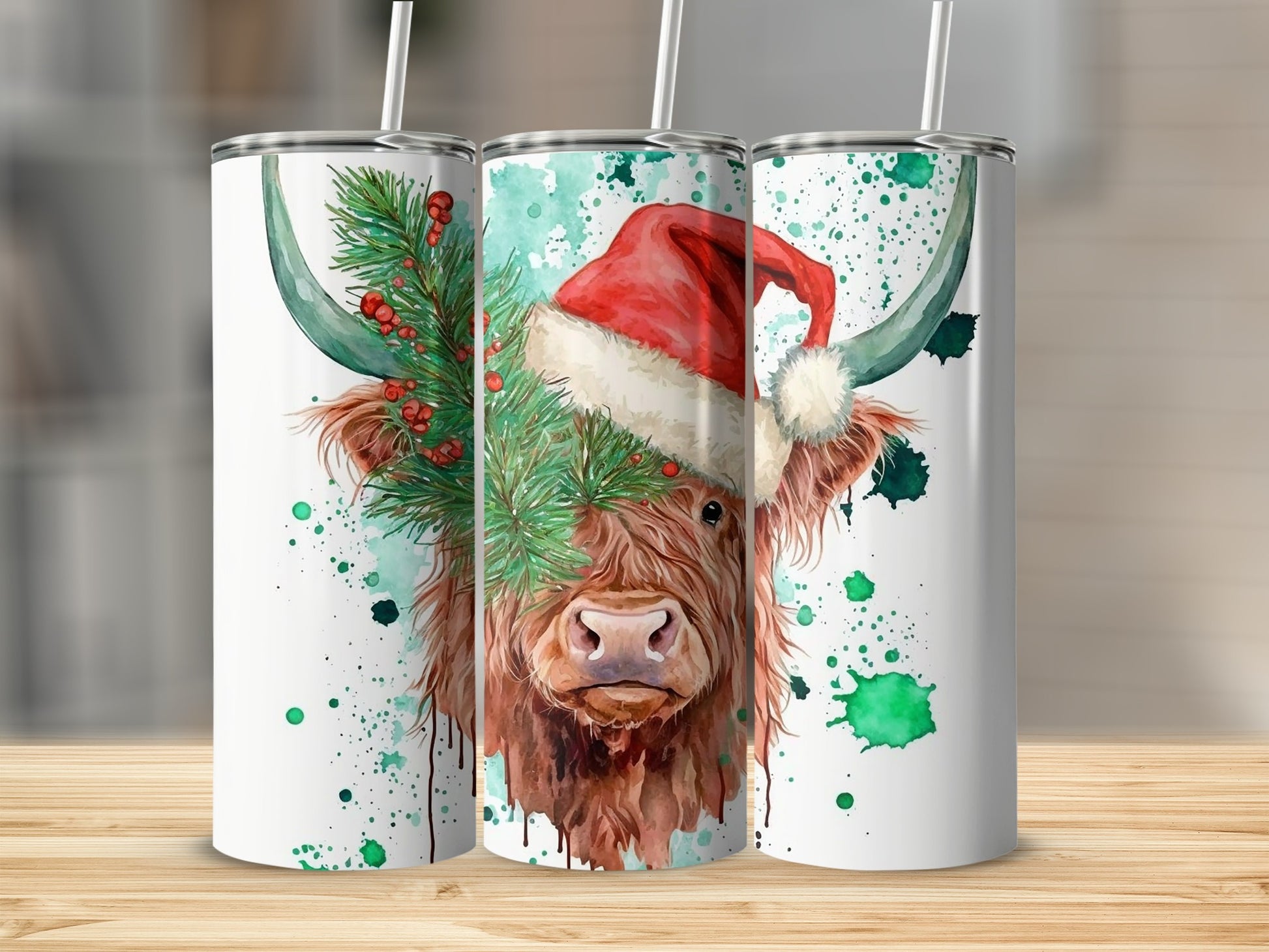 Highland cow in Santa hat with festive pine branches, watercolor style.