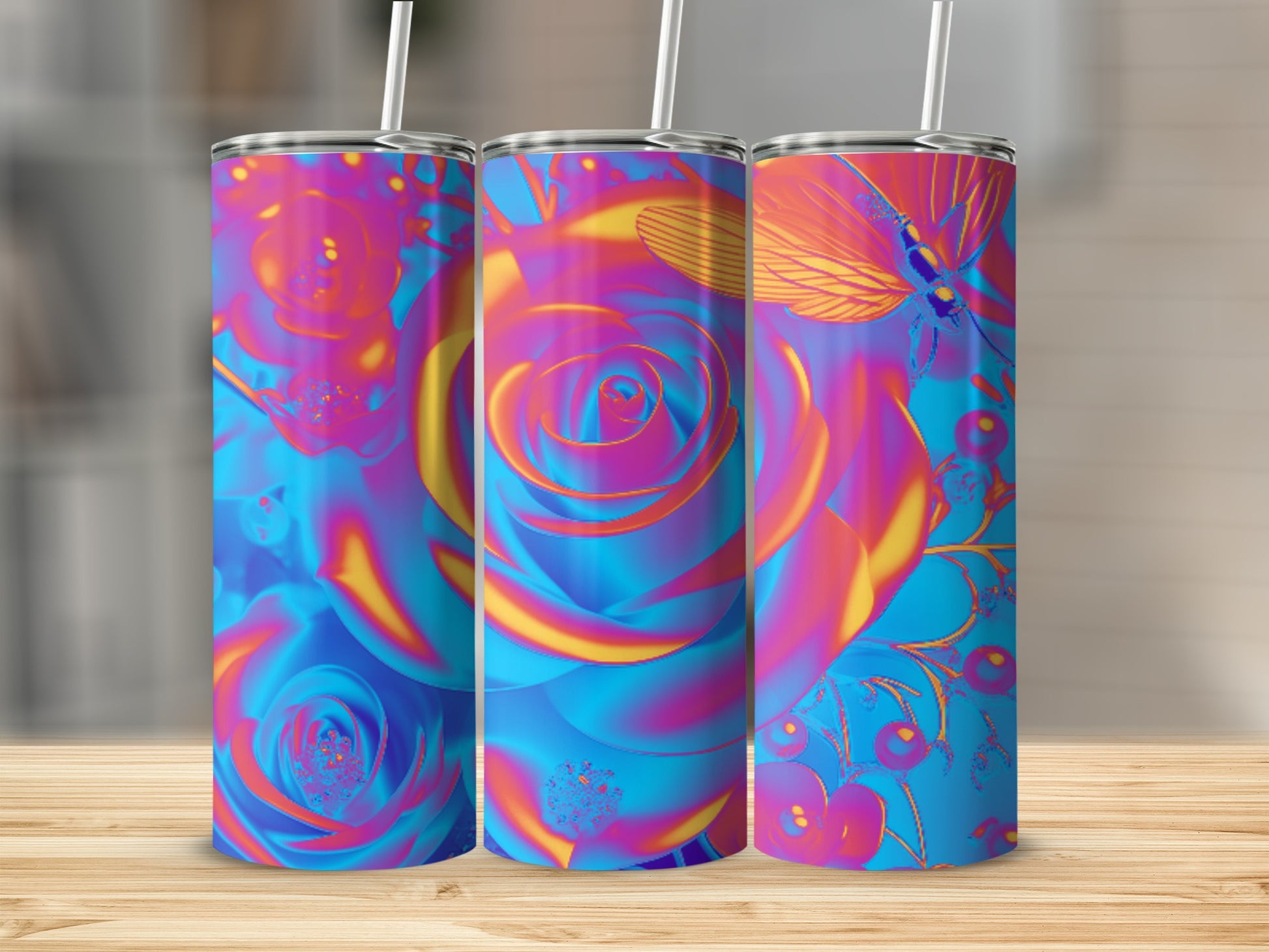 Three tumblers featuring a colorful rose and butterfly design.