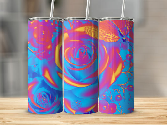 Three tumblers featuring a colorful rose and butterfly design.