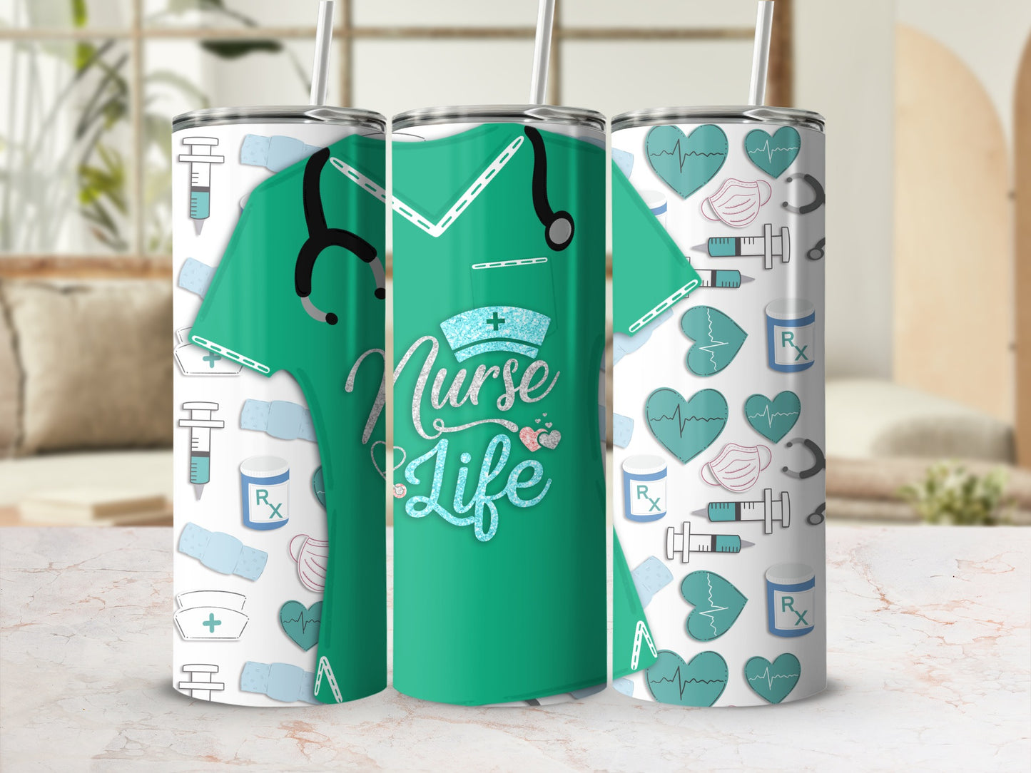 Green tumbler with medical graphics: stethoscope, syringes, heartbeats, and "Nurse Life" text.