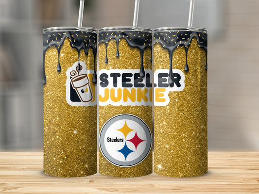 Steeler Junkie Glitter Tumbler with Straw and Lid