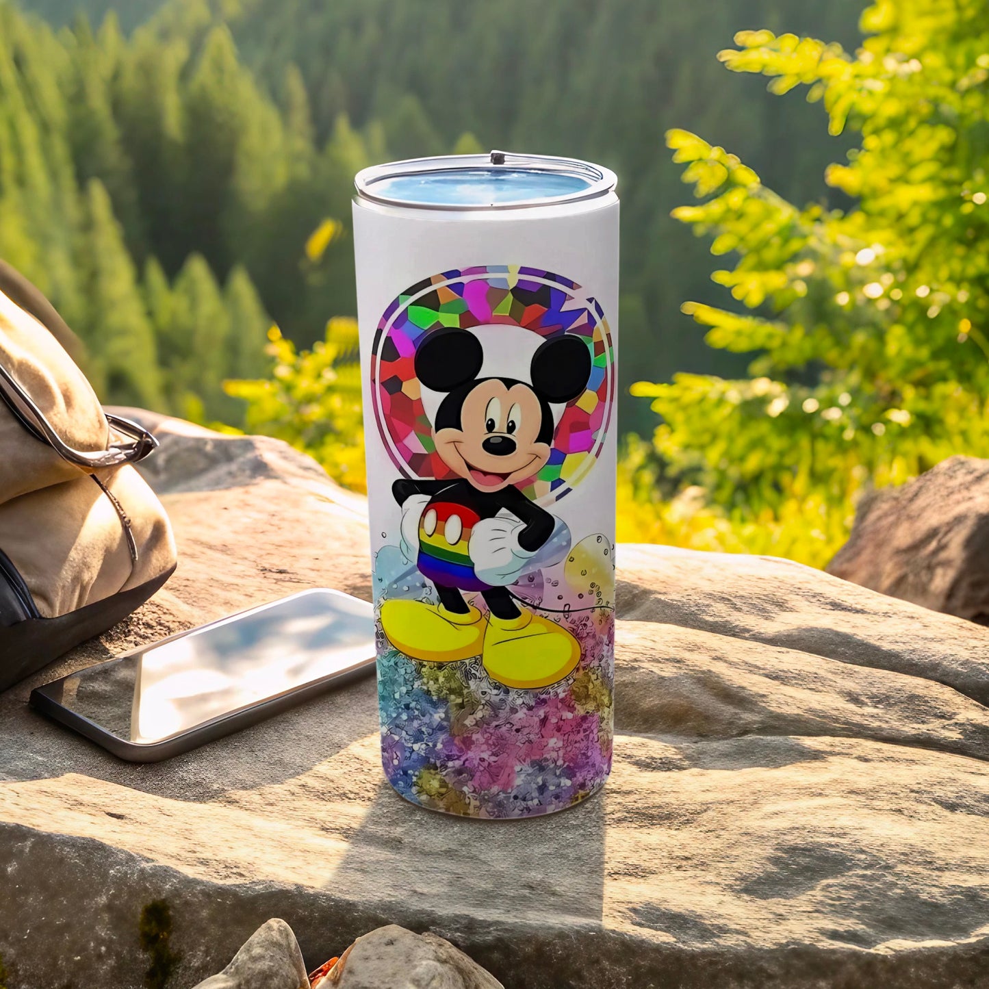 Rainbow Mickey Mouse Tumbler with Colorful Background