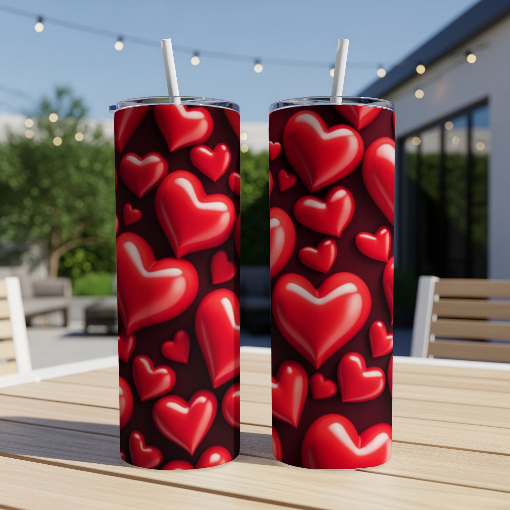 Two red heart pattern tumblers with straws on a wooden table.