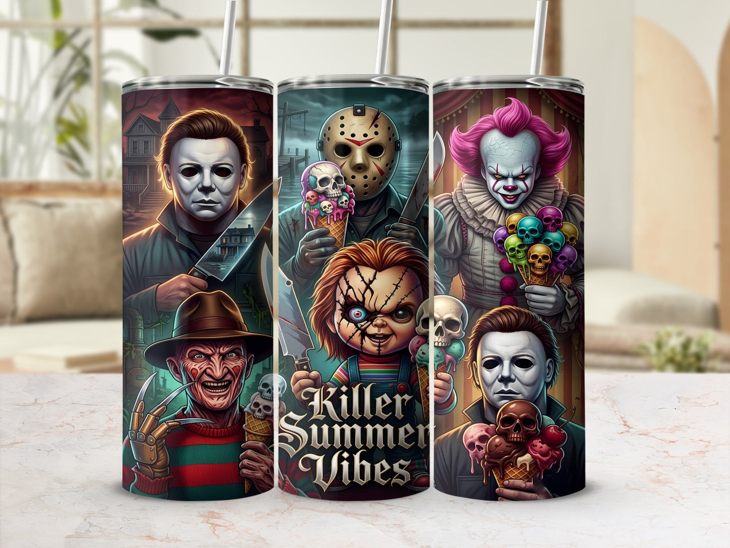 Tumbler with horror characters holding skull ice cream, text "Killer Summer Vibes".