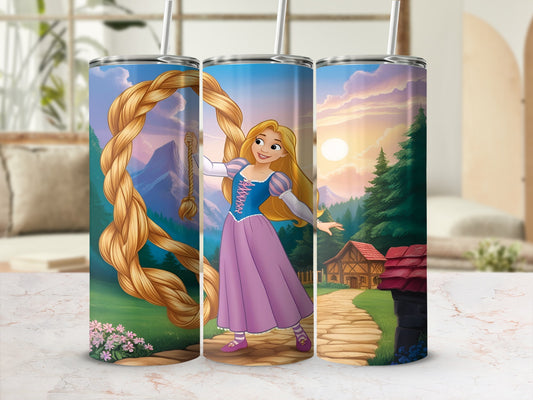 Rapunzel with long braid and castle in sunset background.