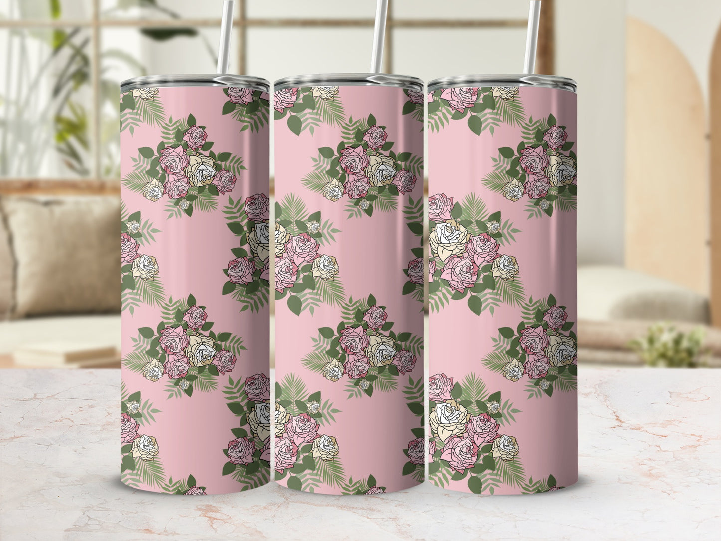 Pink tumbler with delicate rose and leaf pattern, shown in a set of three.