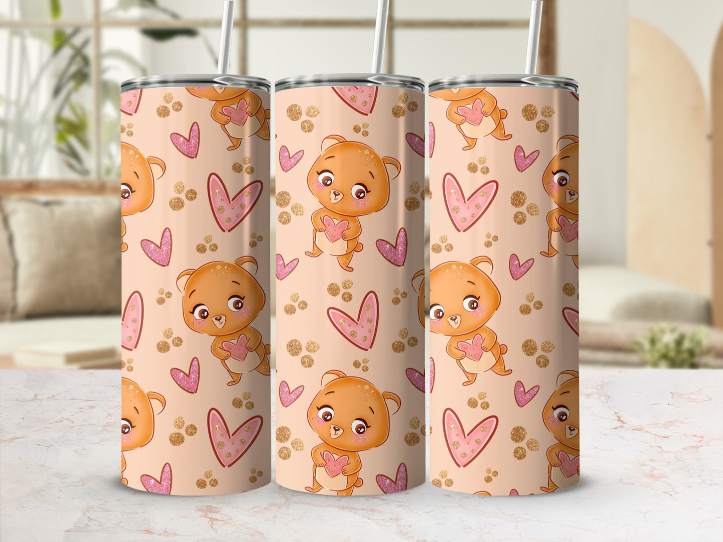 Cute Cartoon Bear and Heart Pattern Tumbler
