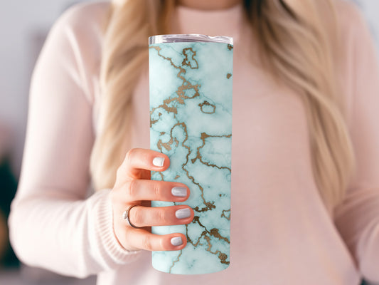 Gold Accents On Aqua Marble Abstract Design Tumblers