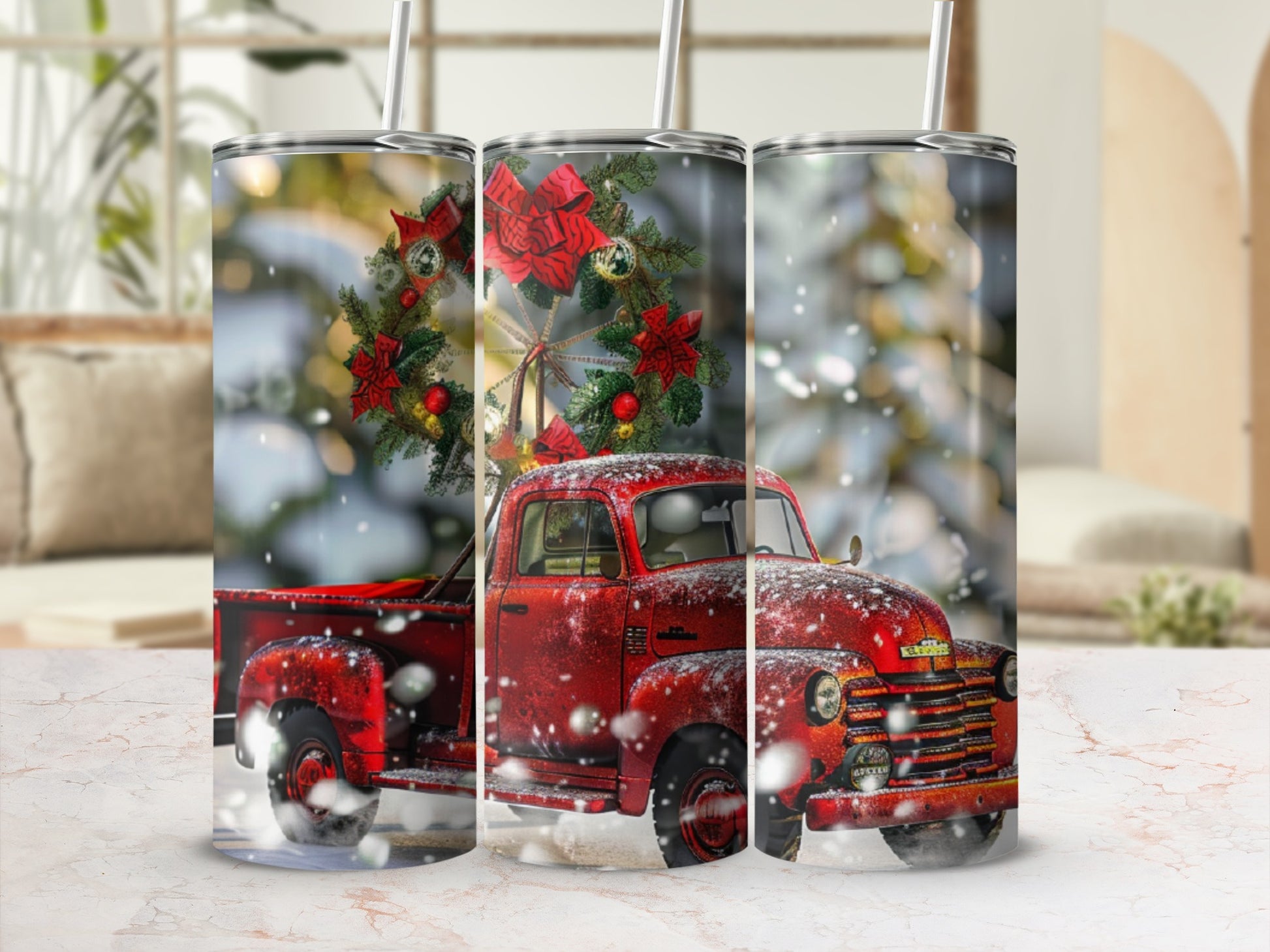 Red vintage truck with Christmas wreath and snow, detailed tumbler.