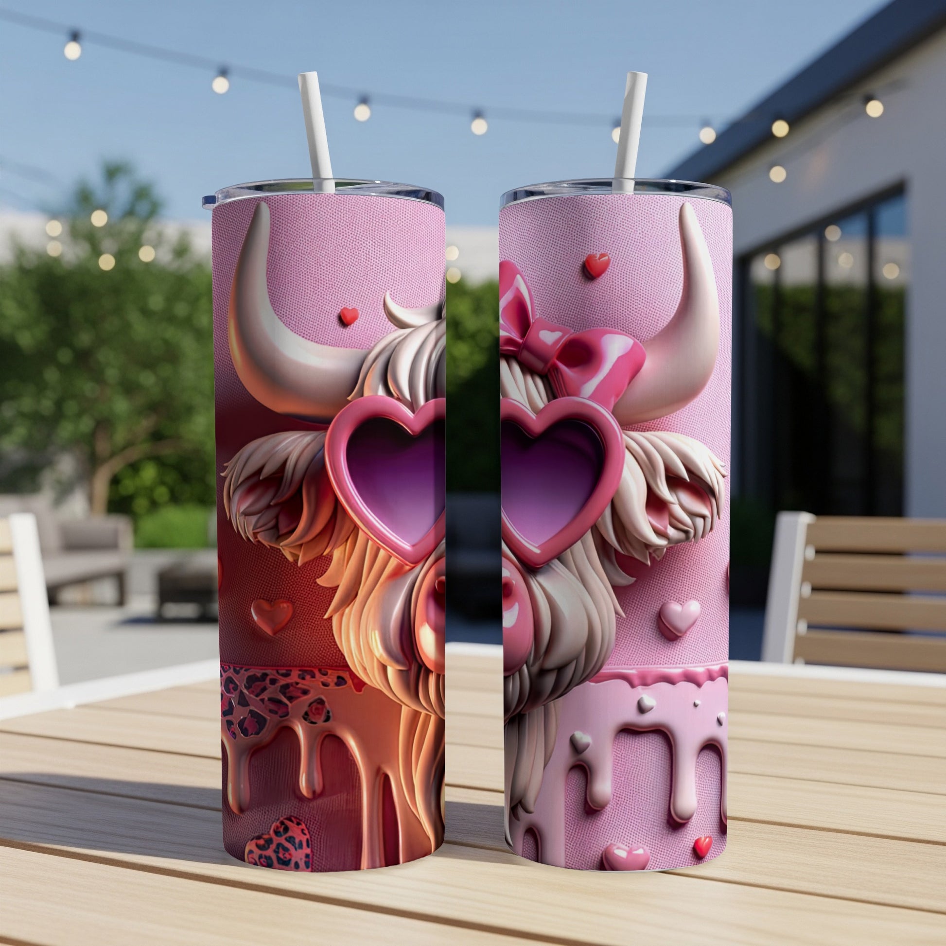 Pink Valentine's Day themed tumbler with Highland cow design and heart sunglasses.