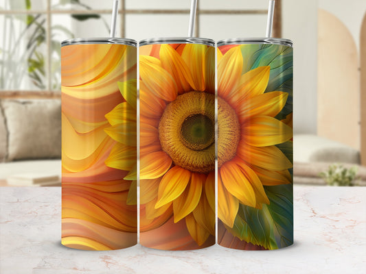 Triptych of tumblers featuring a close-up sunflower design.