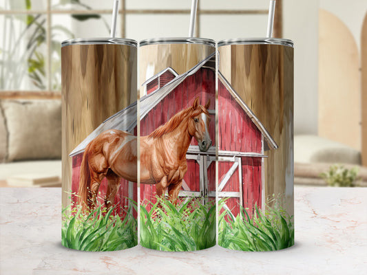 Horse and red barn design on three tumblers.