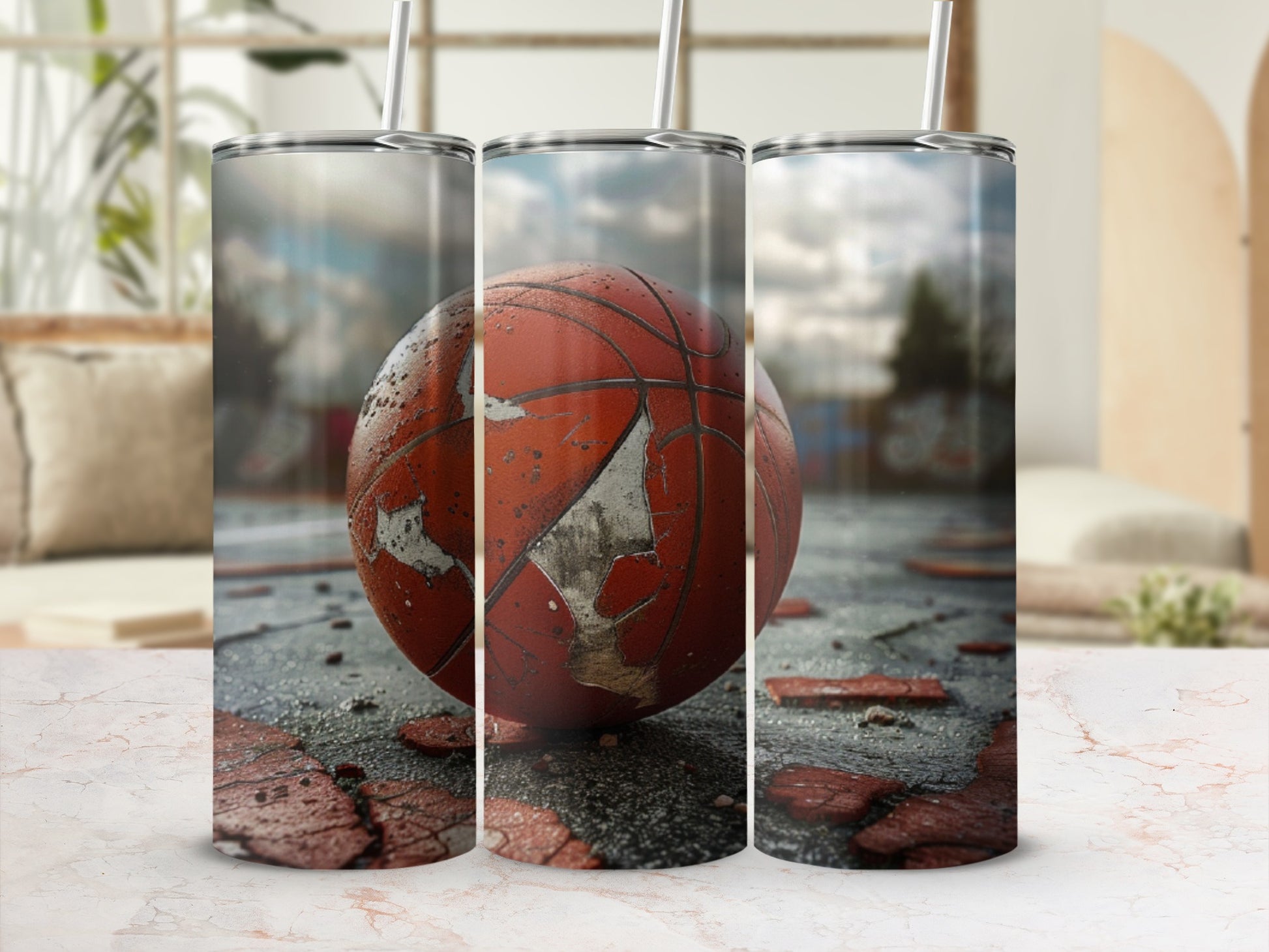 Basketball tumbler with distressed orange and gray design on a marble surface.
