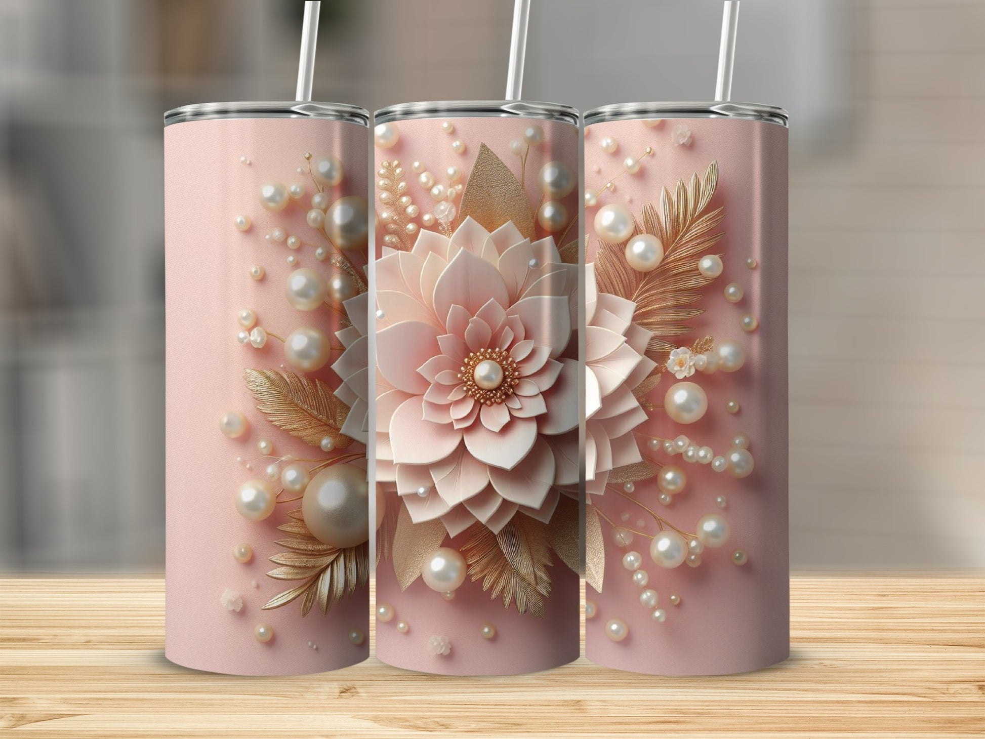 Pink floral tumbler with pearls and gold leaves.