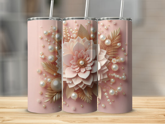 Pink floral tumbler with pearls and gold leaves.