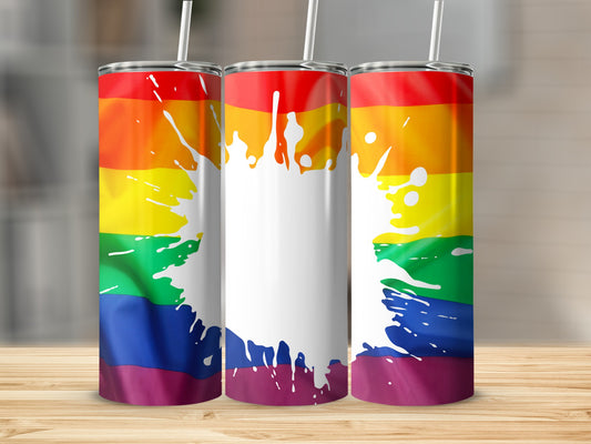 Rainbow pride flag tumbler with white paint splash design.