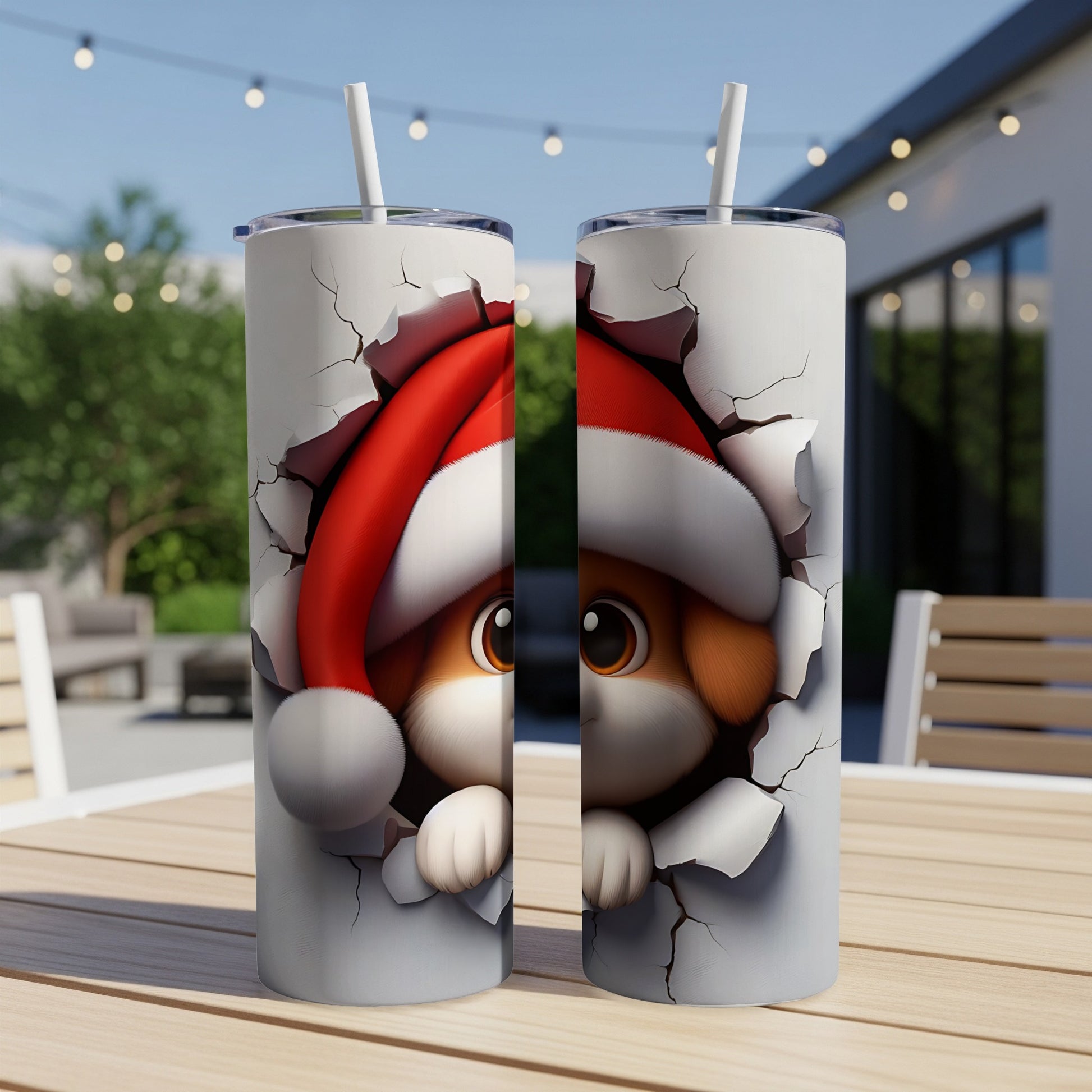 Two tall tumblers with a cartoon dog wearing a Santa hat peeking through cracks.