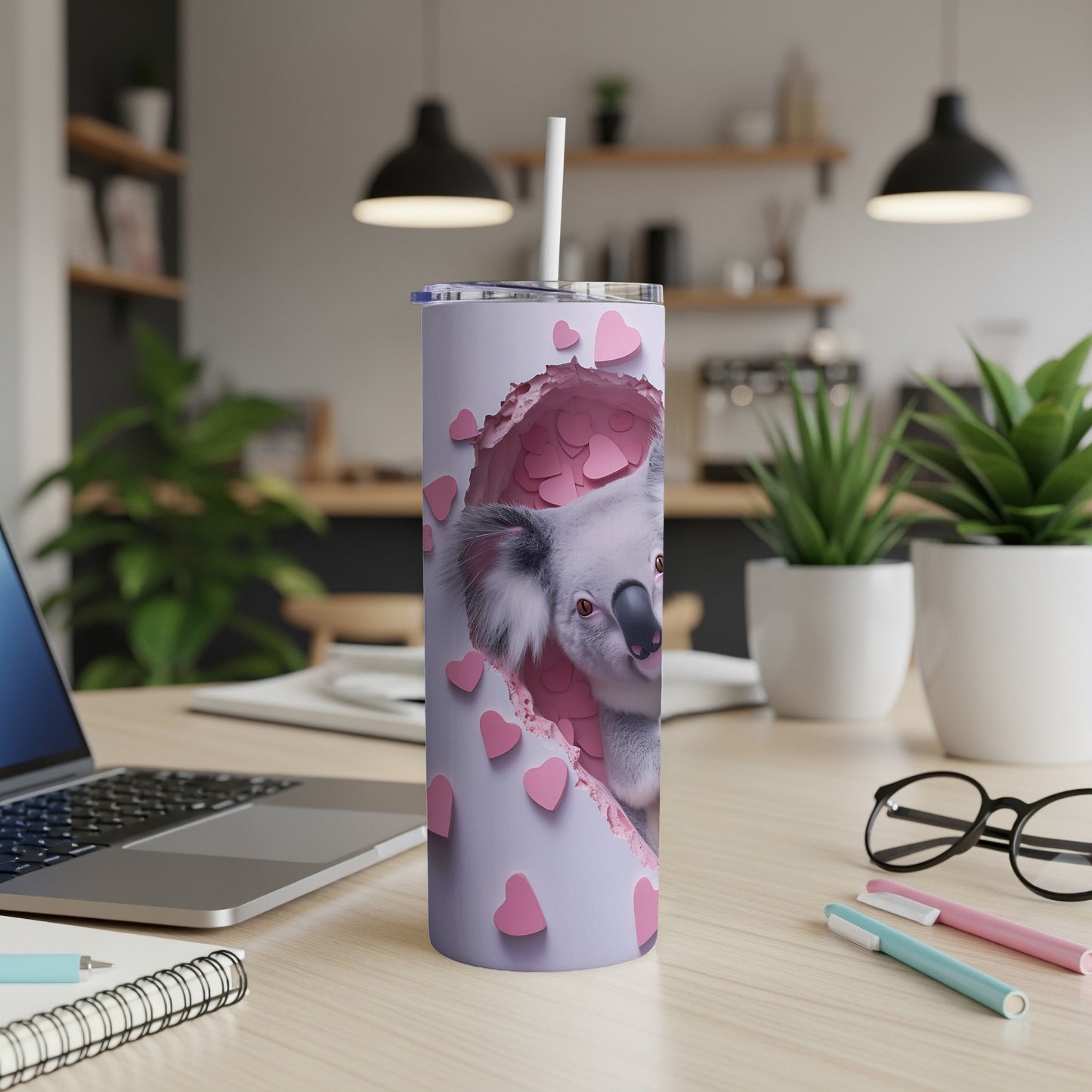 Lavender tumbler with pink heart cutout revealing a koala's face.