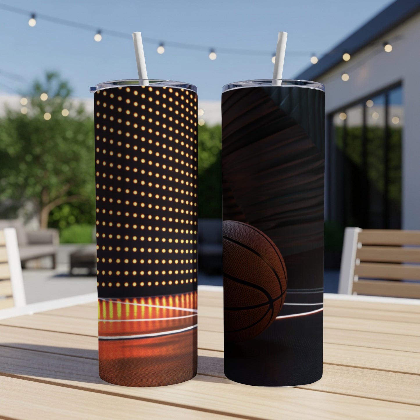 Two tall tumblers with basketball and light pattern designs.