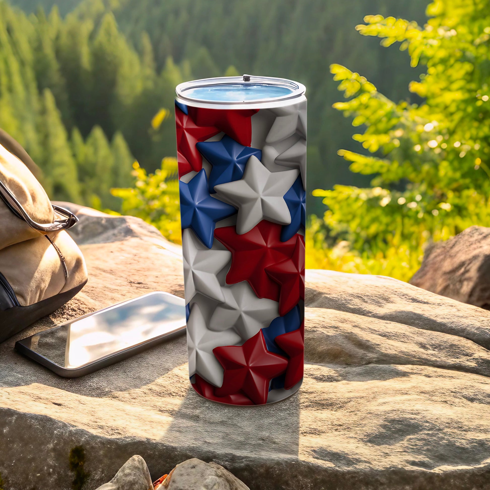 Tumbler with red, white, and blue stars pattern.