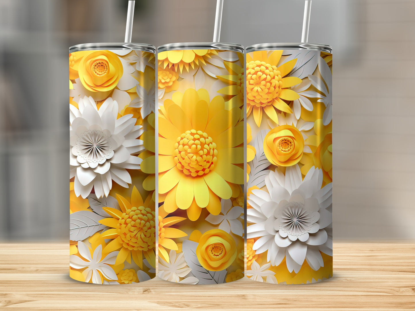 Vibrant Yellow and White Floral Design Tumbler