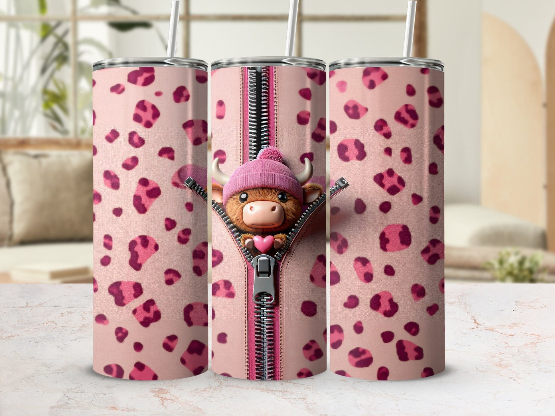 Pink leopard print tumbler with zipper revealing a cartoon bull wearing a pink hat.