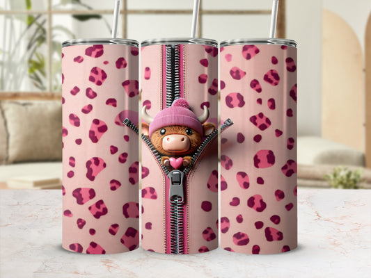 Pink leopard print tumbler with zipper revealing a cartoon bull wearing a pink hat.