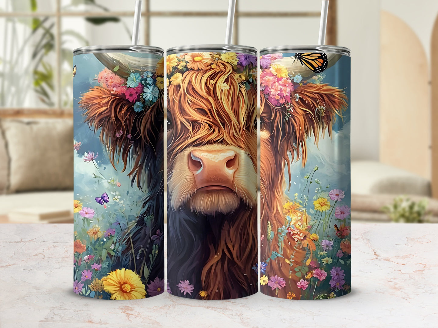 Floral Highland Cow Tumbler with Butterfly Design
