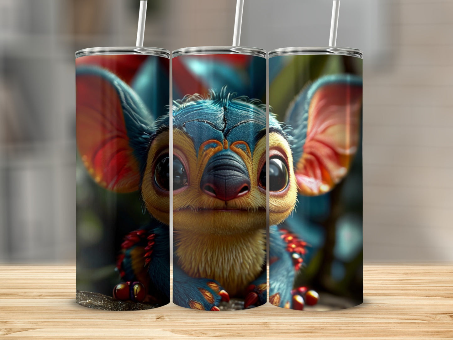 Stitch character artwork on three slim metal tumblers with straws.