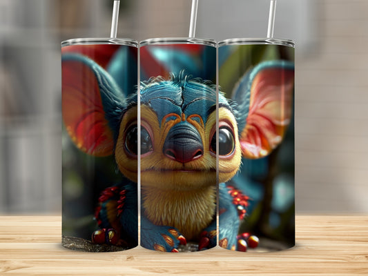 Stitch character artwork on three slim metal tumblers with straws.