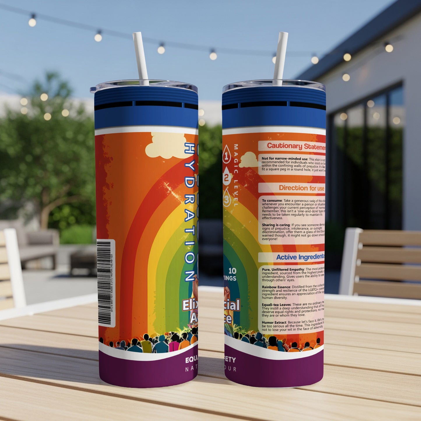 Elixir of Hydration tumbler with rainbow and crowd design.
