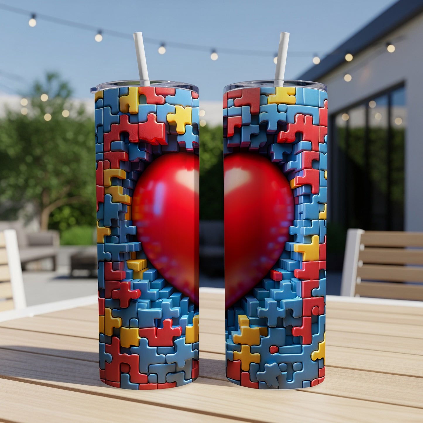 Two tumblers with a red heart puzzle design on a wooden table.