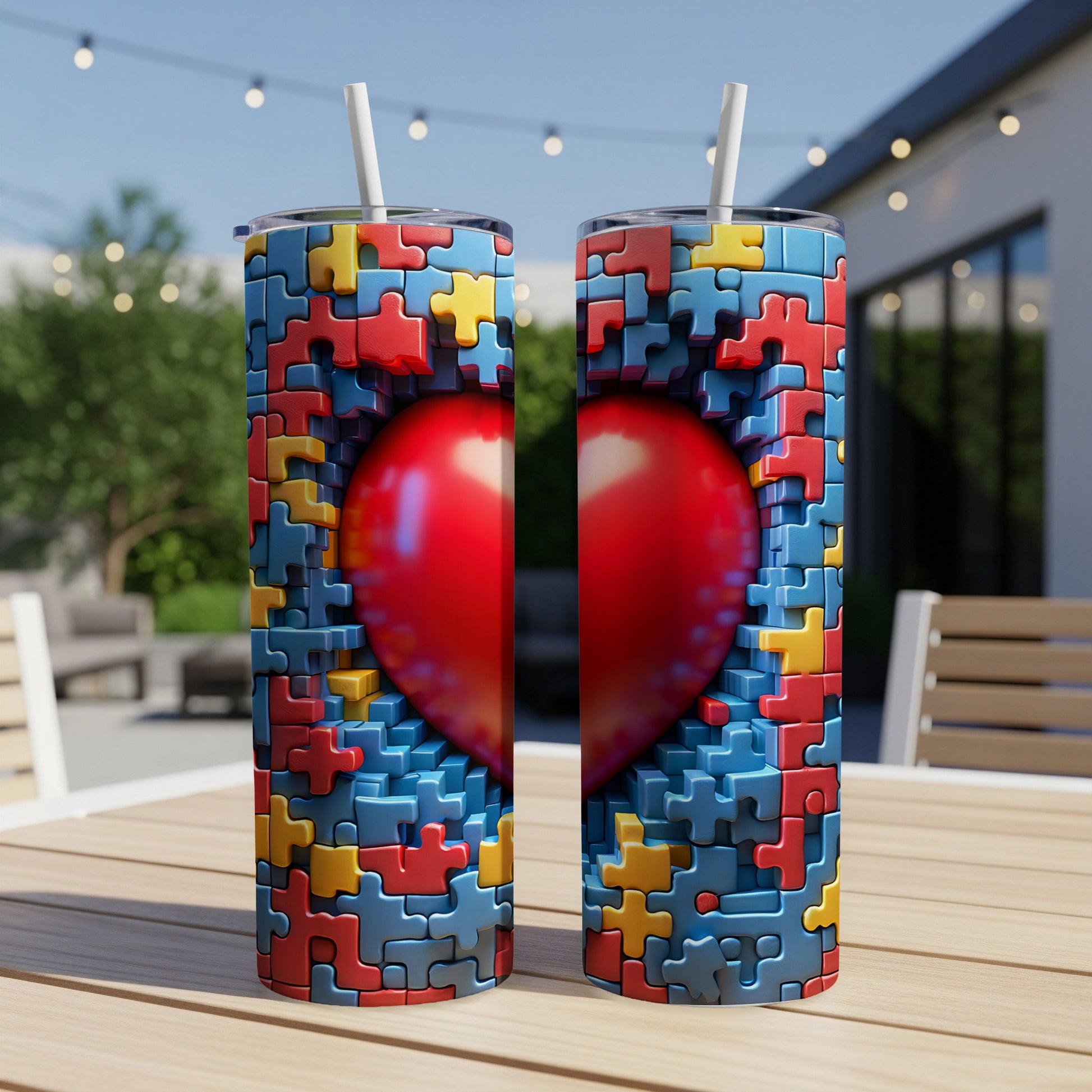 Two tumblers with a red heart puzzle design on a wooden table.