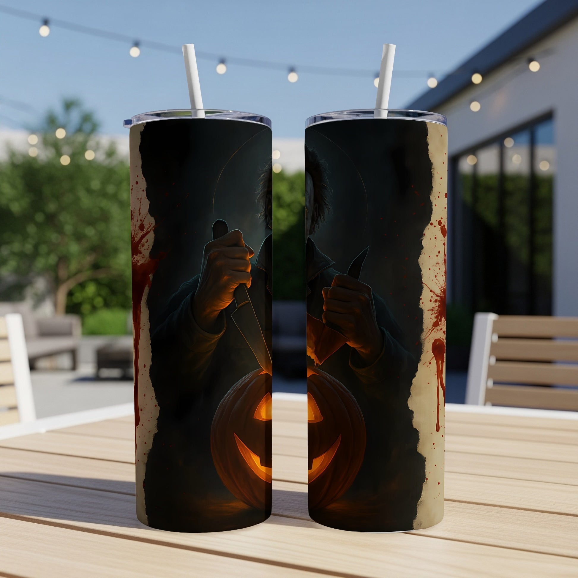 Two tumblers with a Halloween theme, featuring a knife-wielding figure and a jack-o'-lantern.