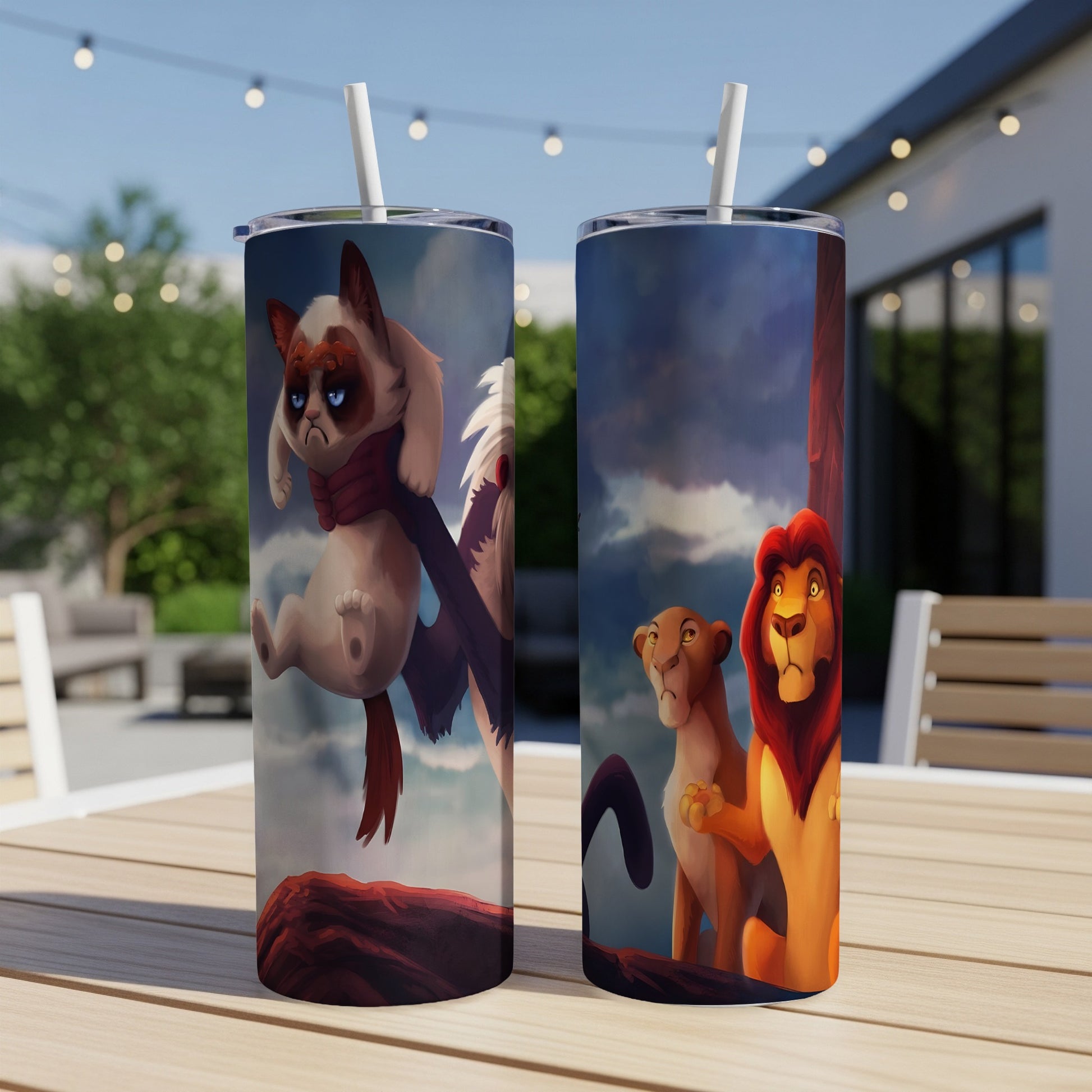Two tumblers featuring animated lion characters and a grumpy cat design.