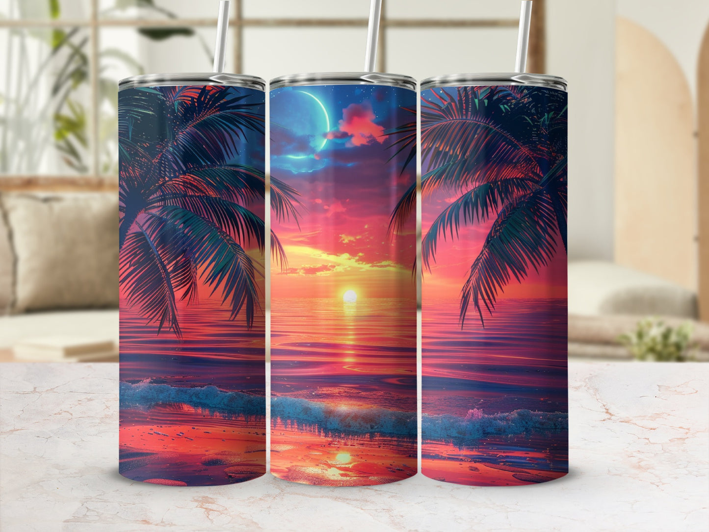 Three tumblers with sunset ocean view and palm trees.