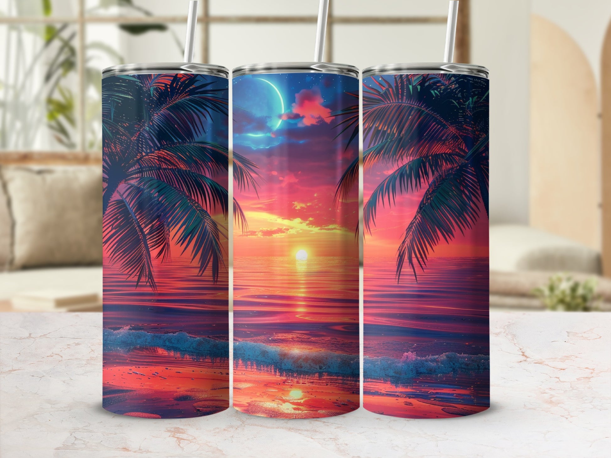 Three tumblers with sunset ocean view and palm trees.