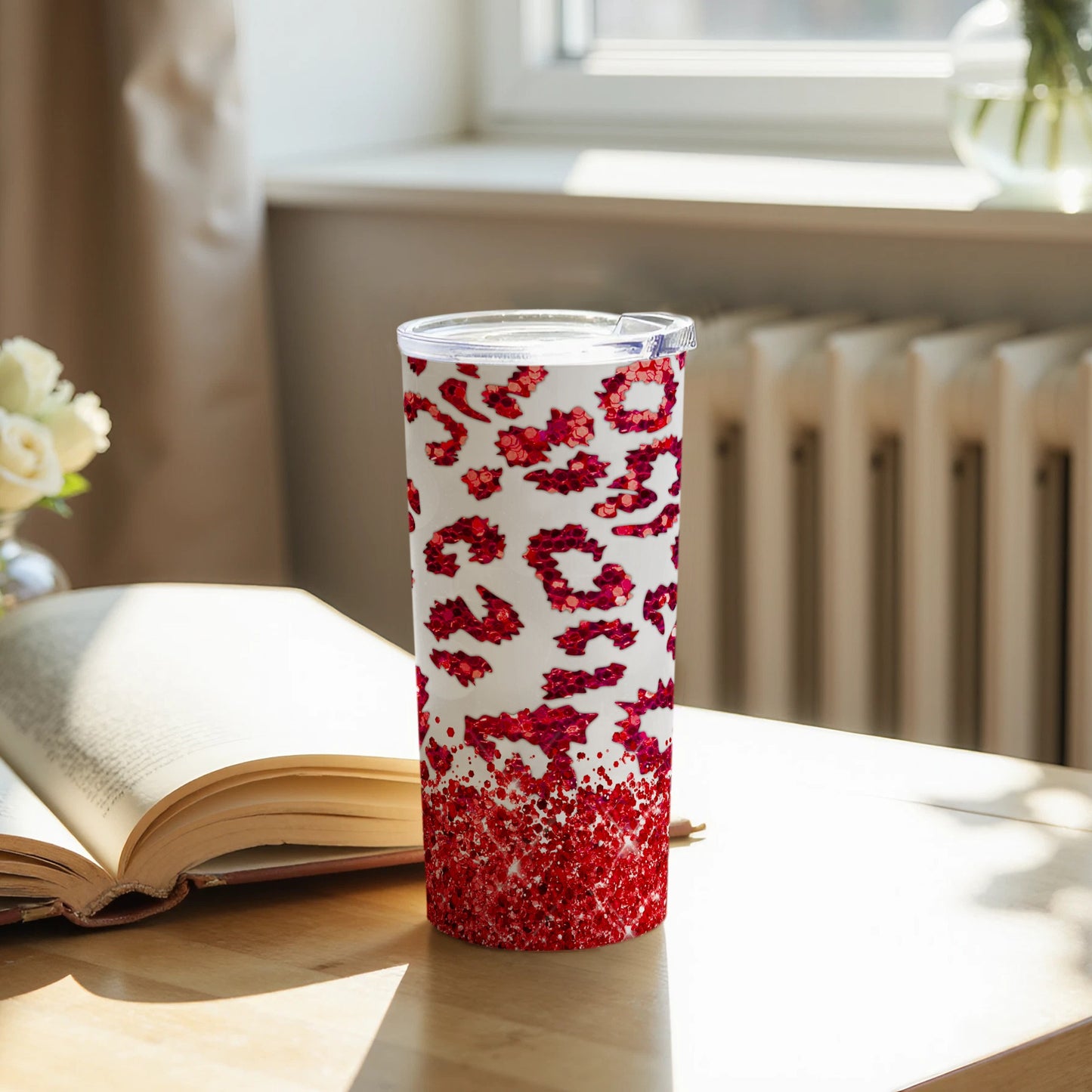 Red and White Leopard Glitter Tumbler
