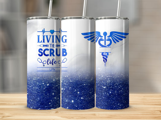 Three LPN tumblers with blue glitter and "Living the Scrub Life" text.