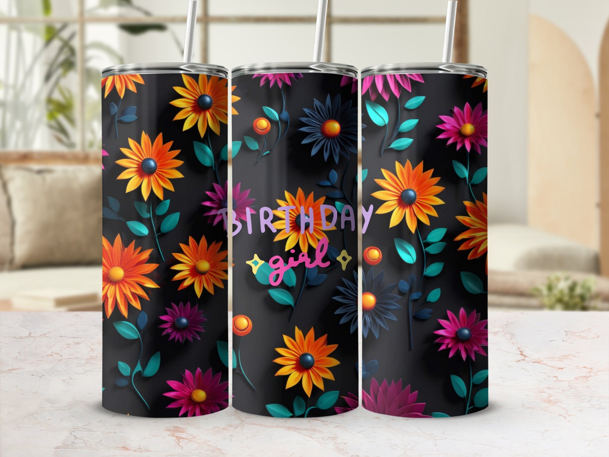 Black tumbler with colorful floral pattern and "Birthday Girl" text.