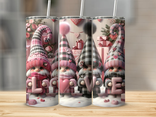Four Valentine's Day gnomes with pink hearts and "LOVE" text.