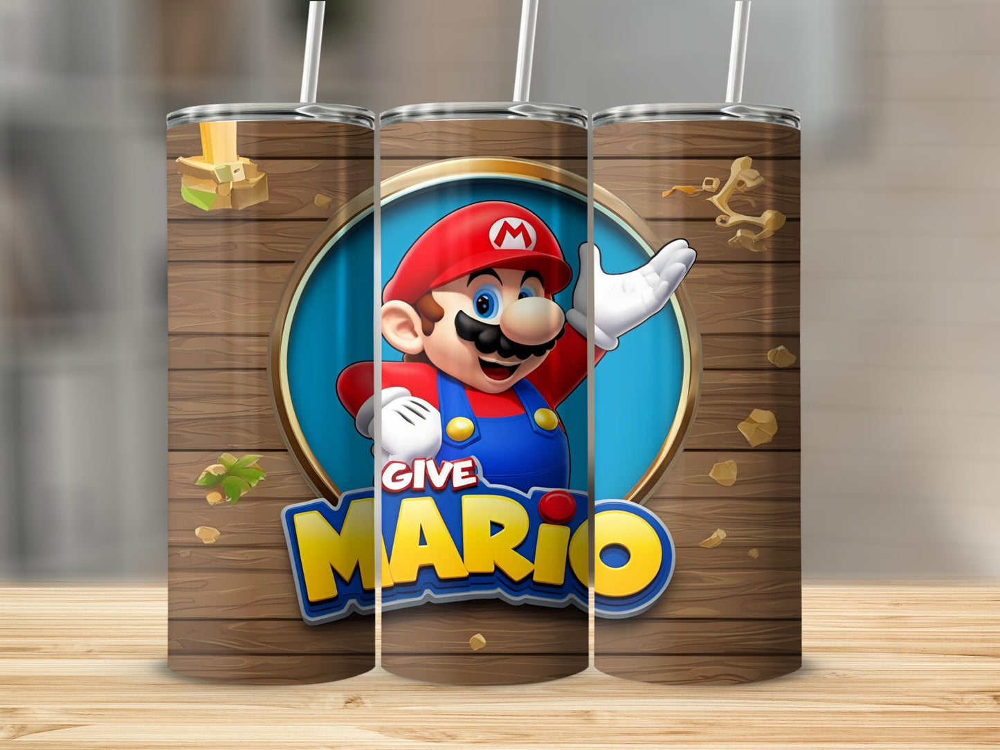 Mario character in overalls waves on a wooden background with the word "MARIO".