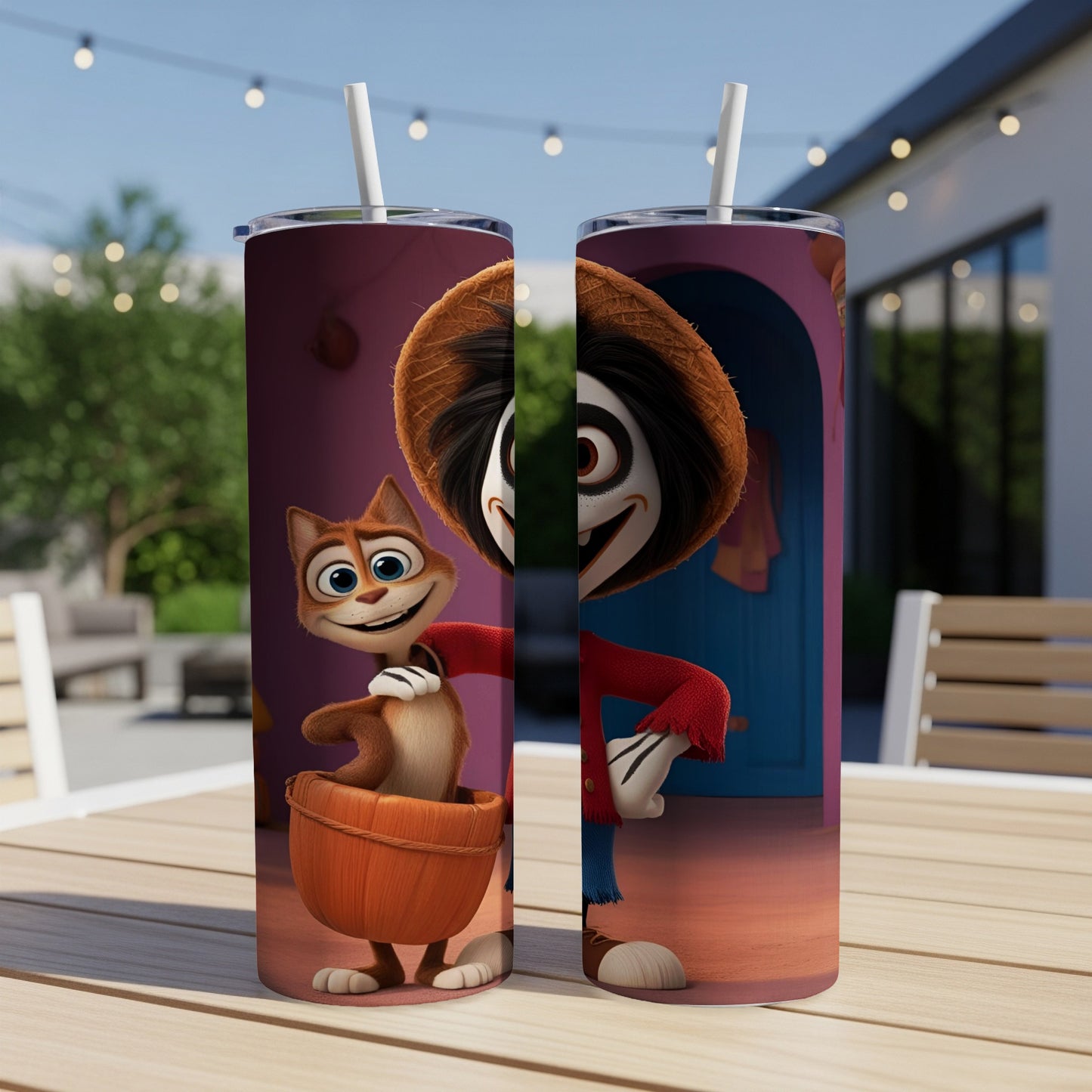 Animated cat in a bucket next to an animated character in a hat.