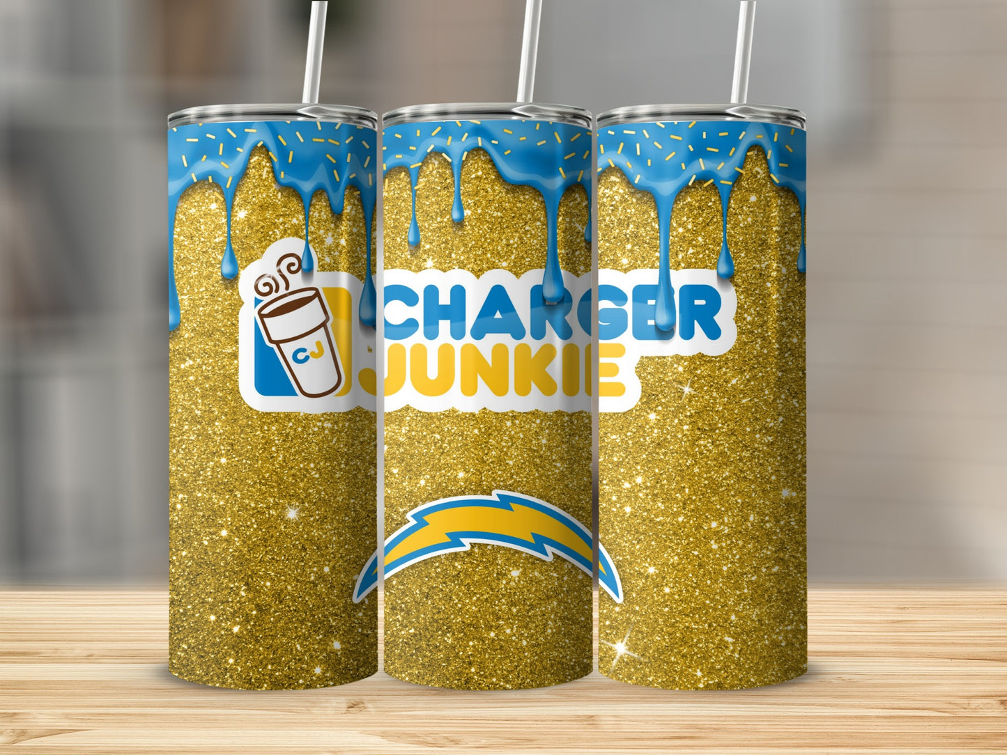 Charger Junkie Gold Sparkle Tumbler Cup with Straw