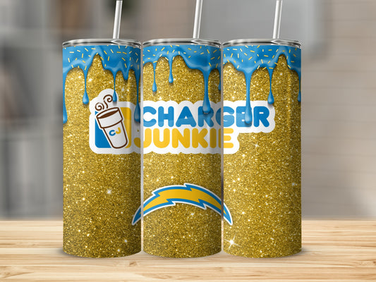 Charger Junkie Gold Sparkle Tumbler Cup with Straw
