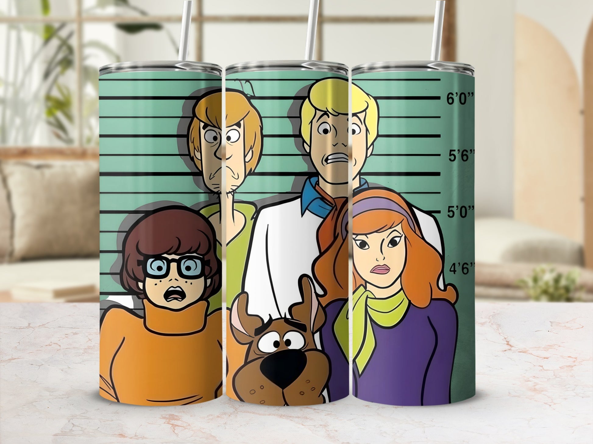 Scooby-Doo characters in police lineup, mugshot style.